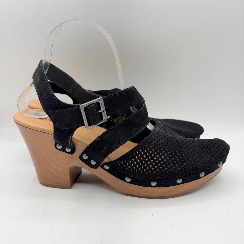 Korks Black Perforated Fabric‎ Wood Block Heel Clog Sandals KR0002609 Size 10M